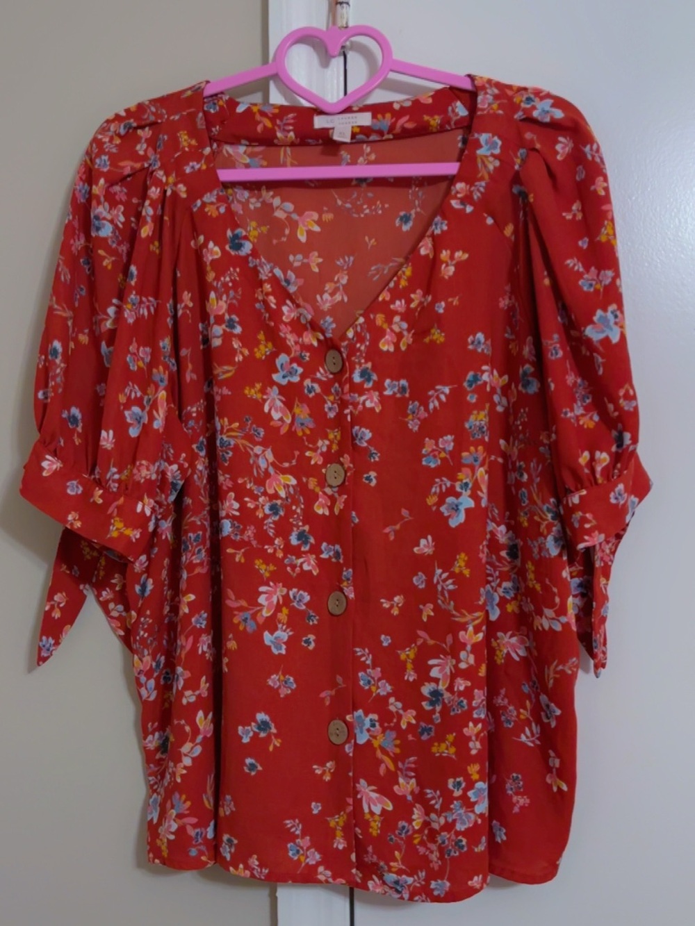 LC Lauren Conrad Red Floral Button-Front Blouse